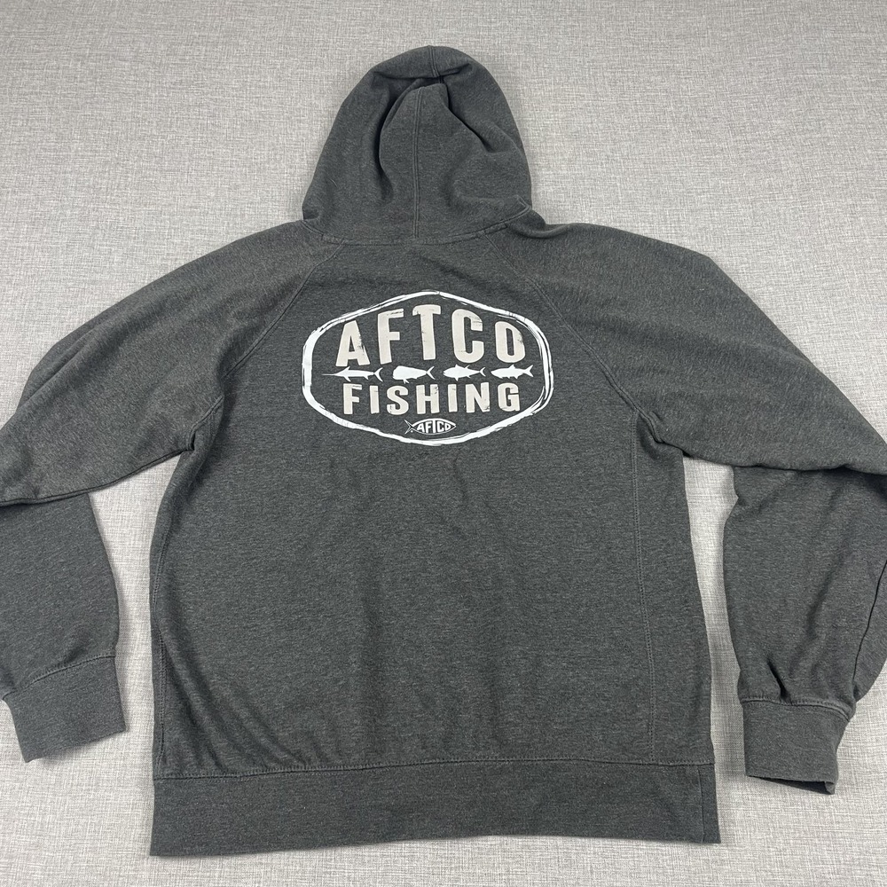 AFTCO Hoodie Sweatshirt Mens L Gray Pullover Hooded Lined Fishing Logo